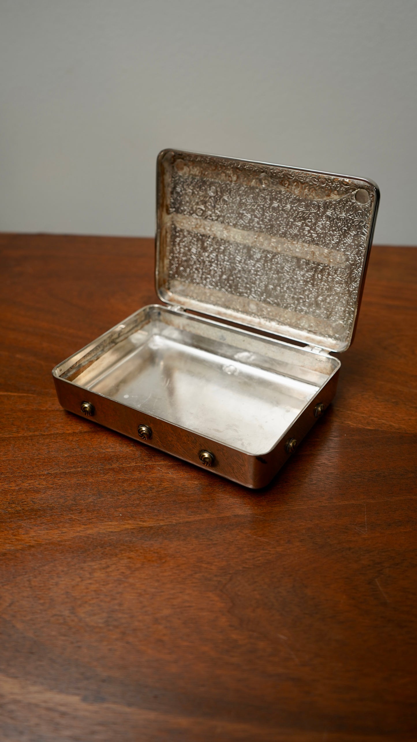 Vintage Silver-Plated Jewelry Box with Amethyst Glass Cabochon and Repoussé Medallion, Mid-20th Century