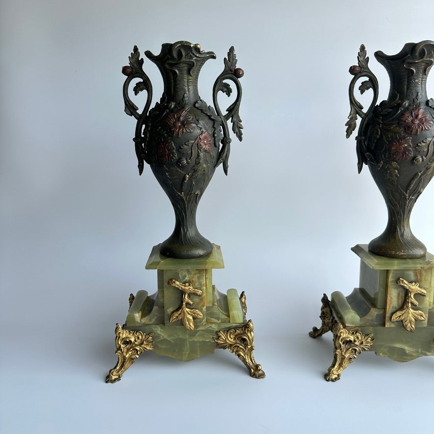 Pair of Antique French Neoclassical Spelter and Onyx Urns with Gilt Brass Accents