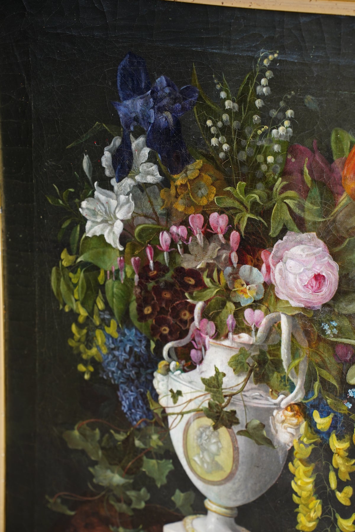 Antique Floral Still Life Oil Painting of Flowers in a Porcelain Urn