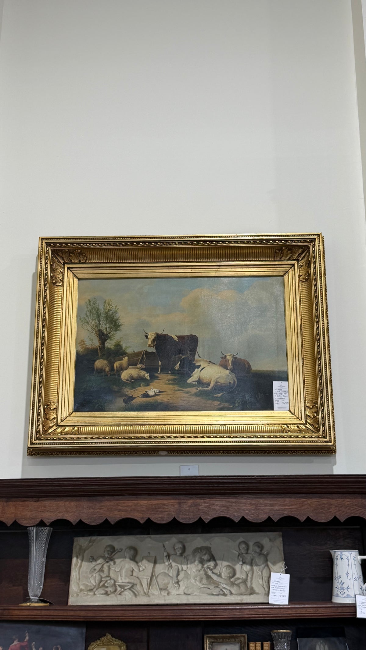 Antique Signed Dutch Oil Painting of Cows and Sheep in Meadow