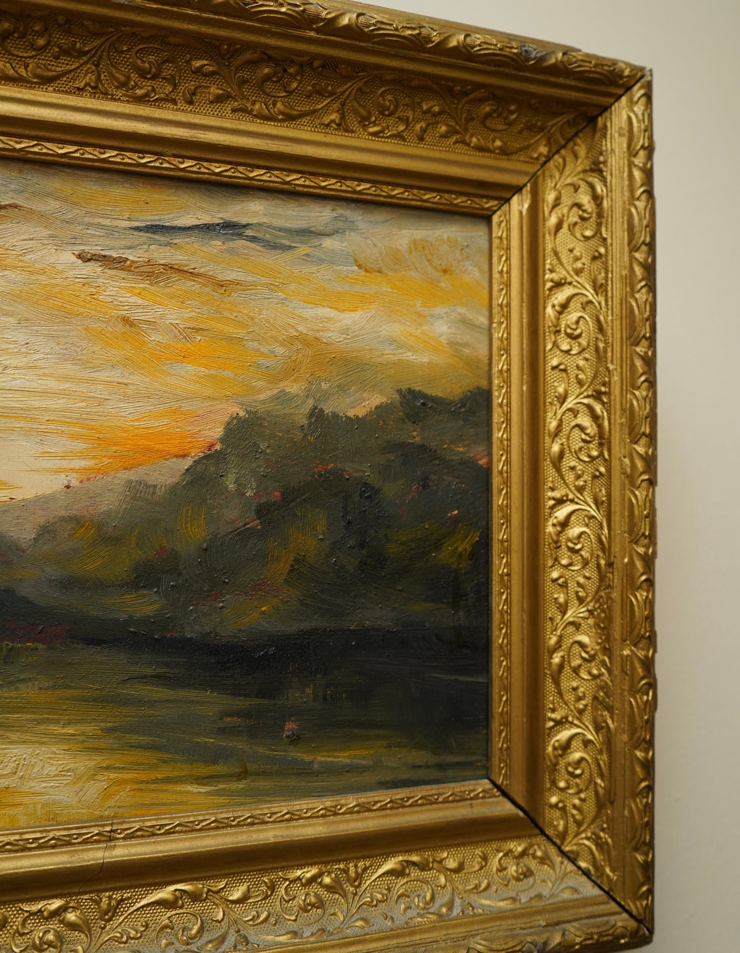 Early 20th Century Impressionist Oil Painting | Sunset Over River Valley in Gilt Frame