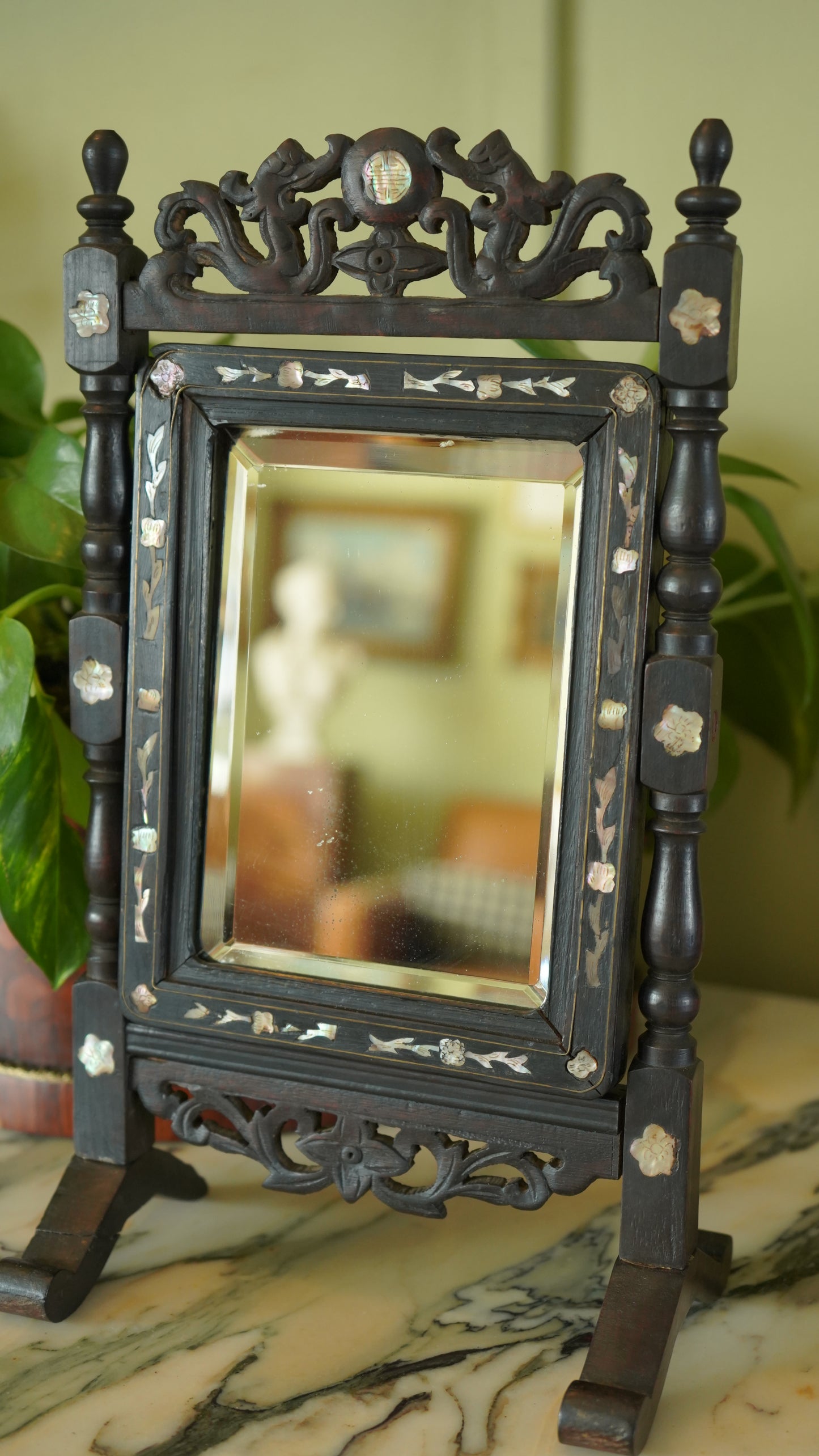 Antique Ebonized Wood & Mother-of-Pearl Vanity Tabletop Mirror