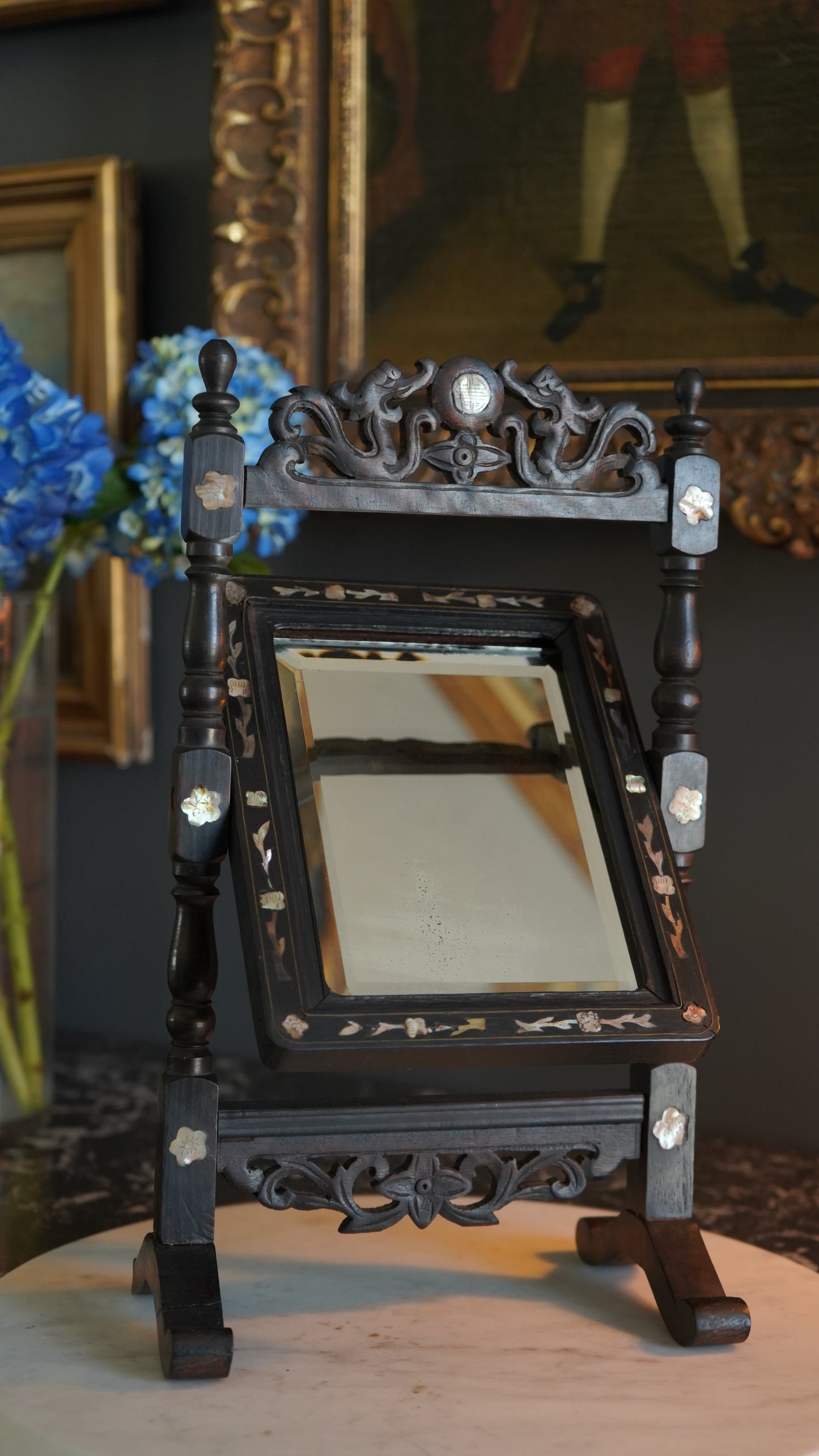 Antique Ebonized Wood & Mother-of-Pearl Vanity Tabletop Mirror