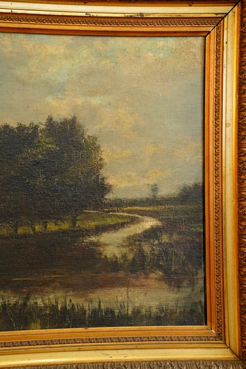 Antique European Moody River Landscape Oil Painting