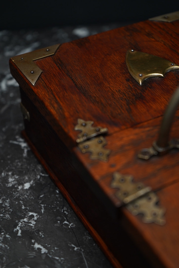 Antique Edwardian Oak & Silver-Plated Two-Compartment Stationery Box with Handle