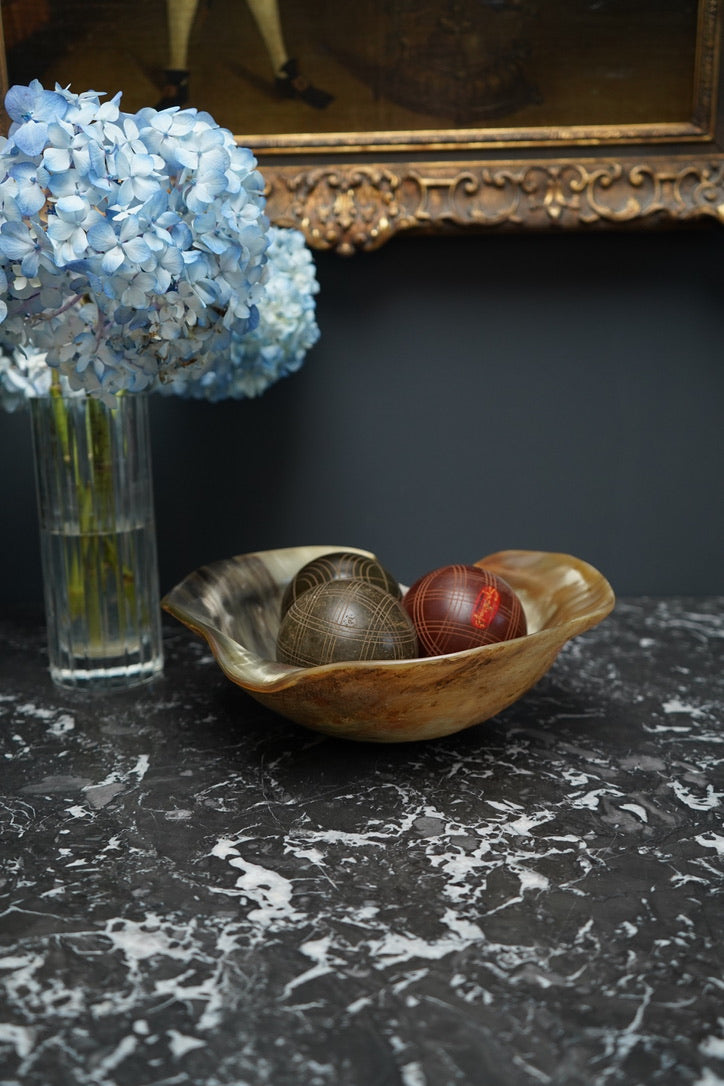 Antique Hand-Carved Horn Bowl | Natural Polished Horn Decorative Vessel