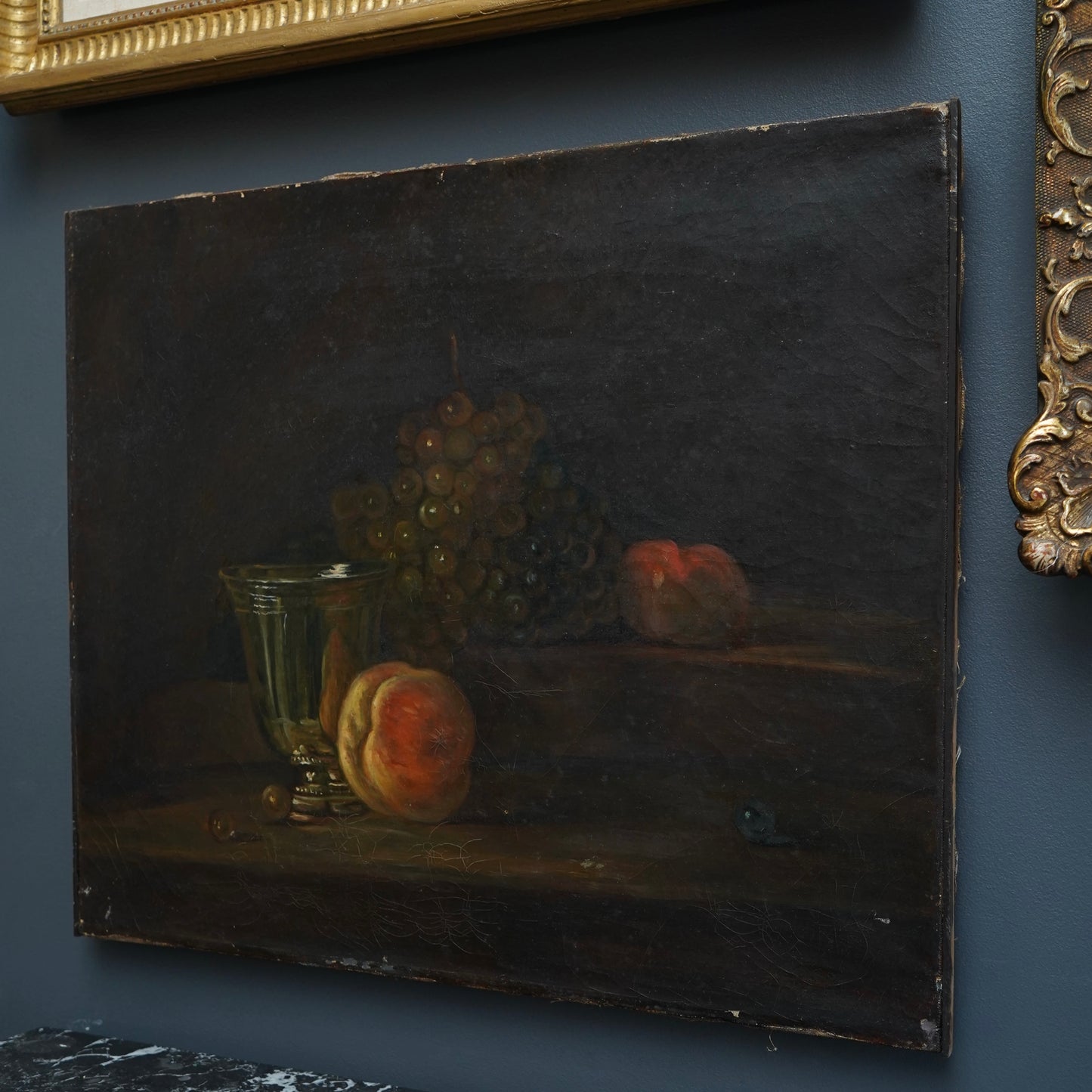 Early 20th Century Oil Painting After Chardin – Still Life with Silver Goblet, Peach & Grapes