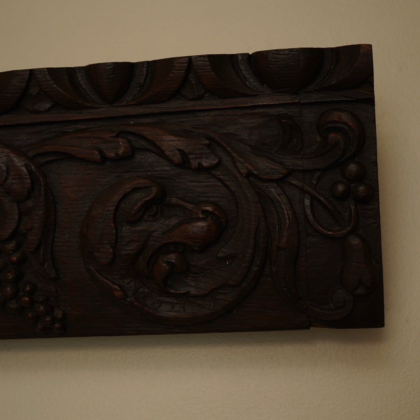 Antique Carved Oak Drawer Front | Renaissance Revival Lion, Grapevine & Acanthus | Architectural Salvage Wall Plaque c.1870–1900