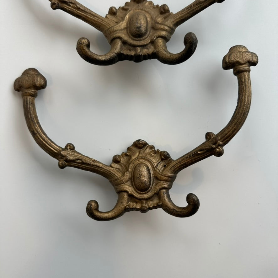 Antique Victorian Cast-Brass Quadruple Wall Hooks – Hat, Coat & Umbrella Hangers, Set of 3