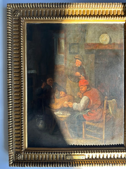 After Adriaen van Ostade (1610–1685) "By the Hearth" Oil on Board Painting