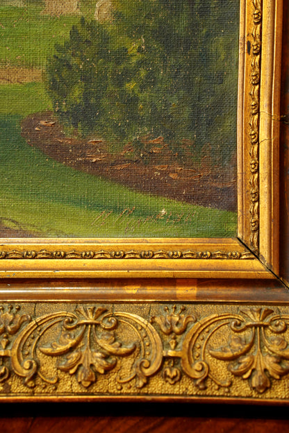 Antique Oil Painting Brussels Park Garden Scene