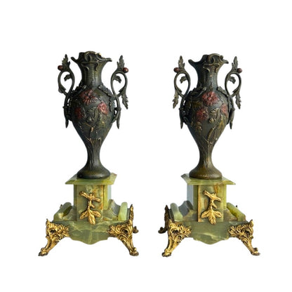 Pair of Antique French Neoclassical Spelter and Onyx Urns with Gilt Brass Accents