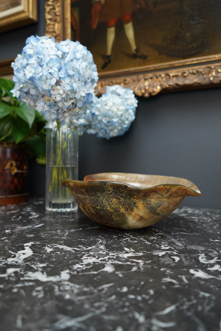 Antique Hand-Carved Horn Bowl | Natural Polished Horn Decorative Vessel