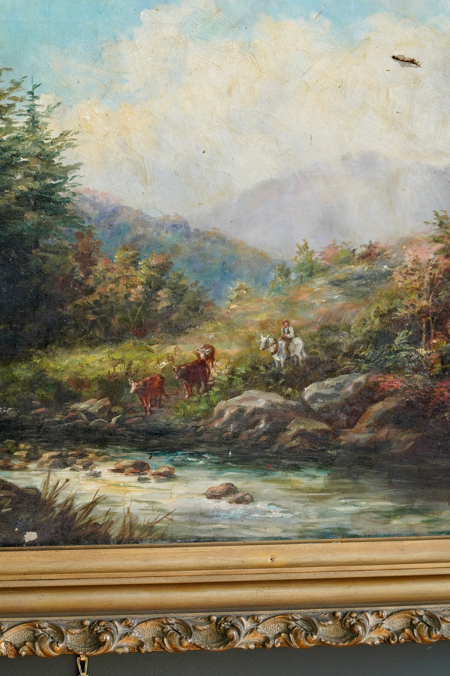 19th Century British River Landscape with Cattle and Drover, Oil on Canvas