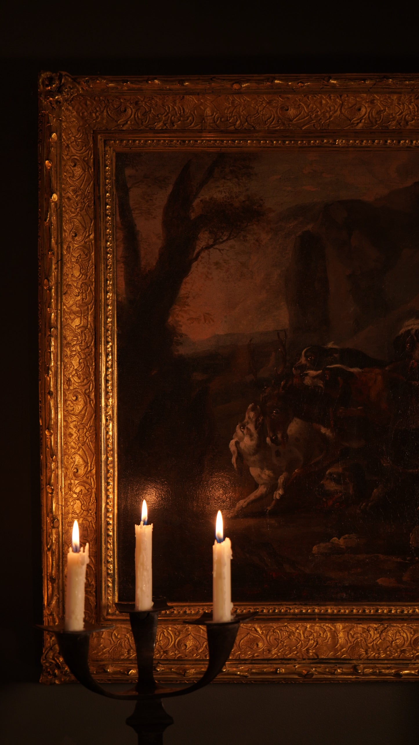 “Hounds Hunting Stag” – 18th Century French Oil Painting Attributed to the Fontainebleau Tradition