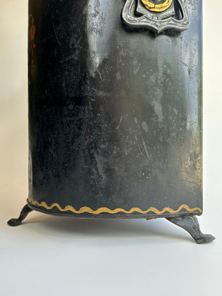 Antique European Hand‑Painted Tole Coal Scuttle | Victorian Fireplace Bucket, c.1880