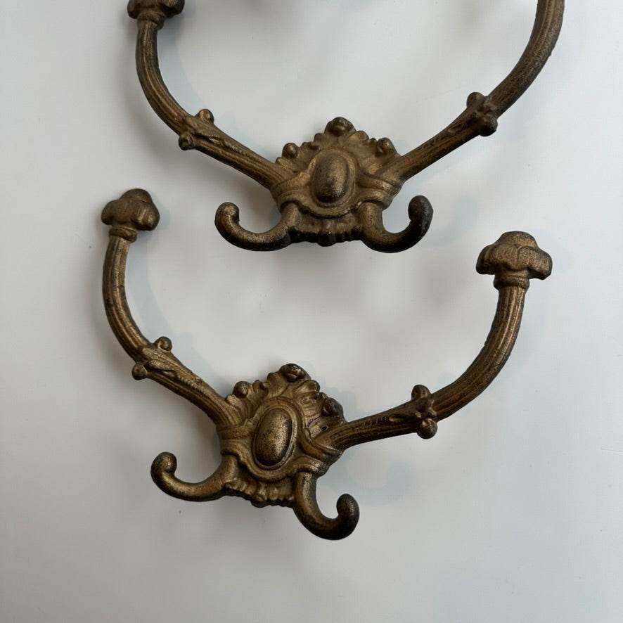Antique Victorian Cast-Brass Quadruple Wall Hooks – Hat, Coat & Umbrella Hangers, Set of 3