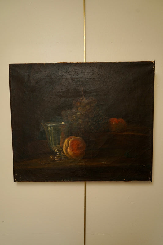 Early 20th Century Oil Painting After Chardin – Still Life with Silver Goblet, Peach & Grapes