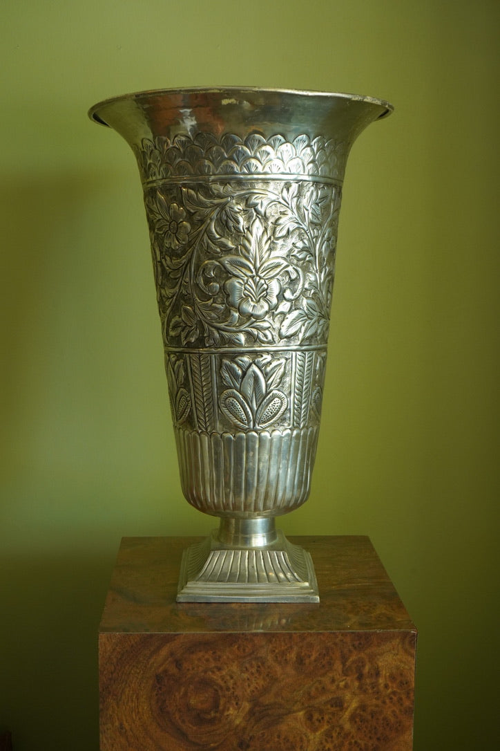 Large Pair of Vintage Silver Plated Repousse Urns