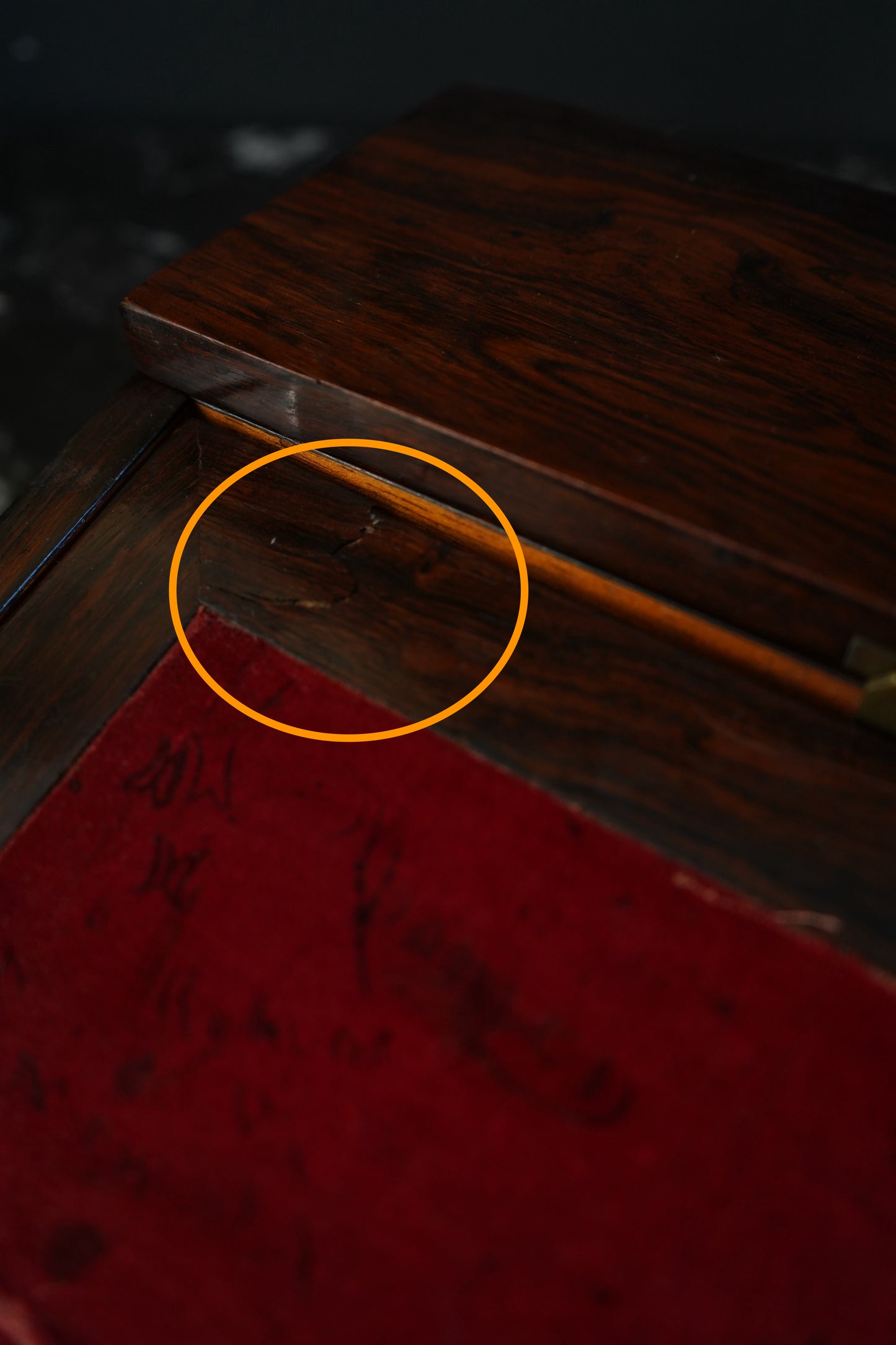 Antique Rosewood Writing Slope with Velvet Writing Surface and Inscriptions, Mid-19th Century