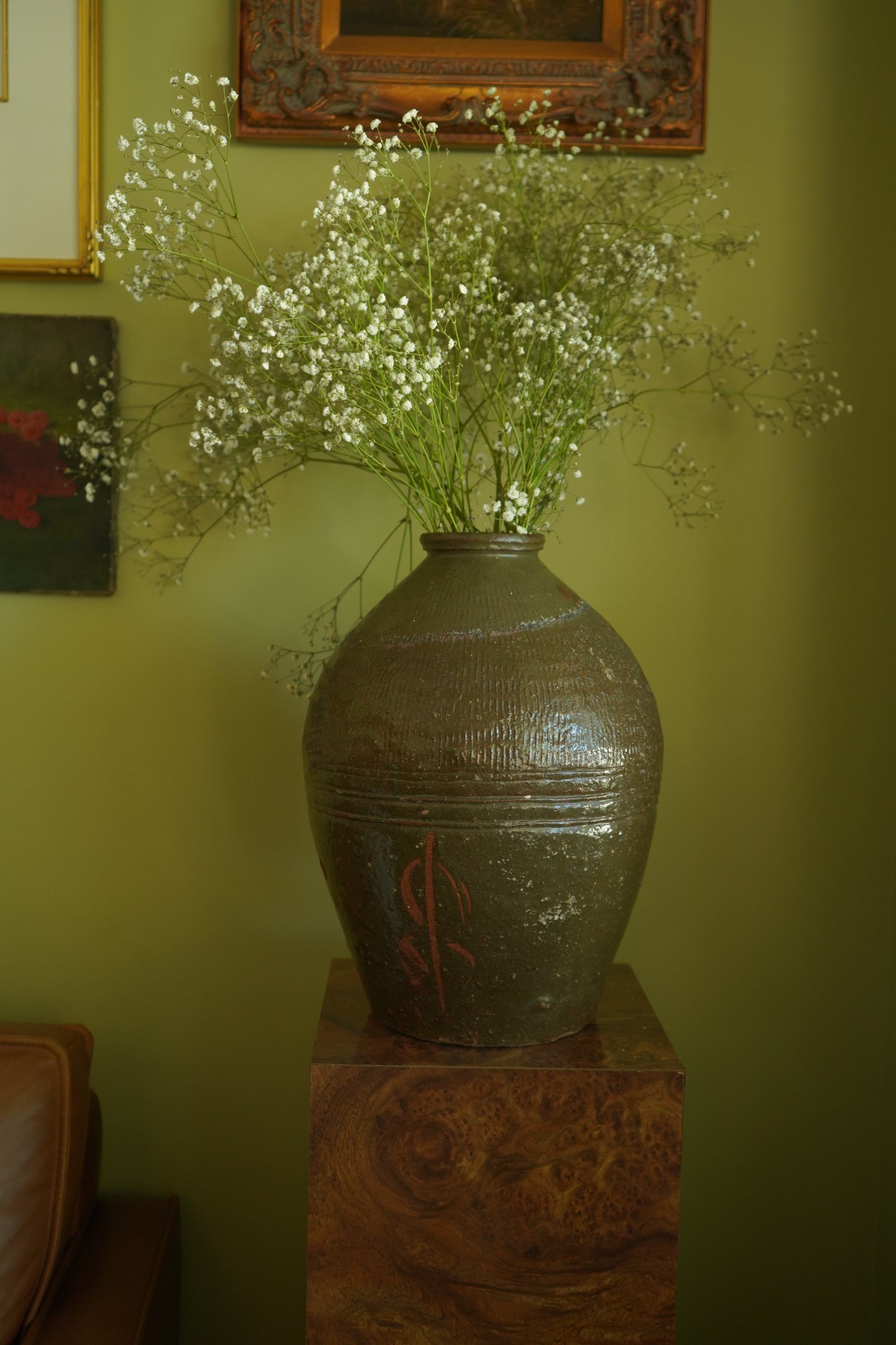 Vintage Chinese Stoneware Oil Jar with Ash Glaze, Rustic Pottery Vessel, 14.25 Inches