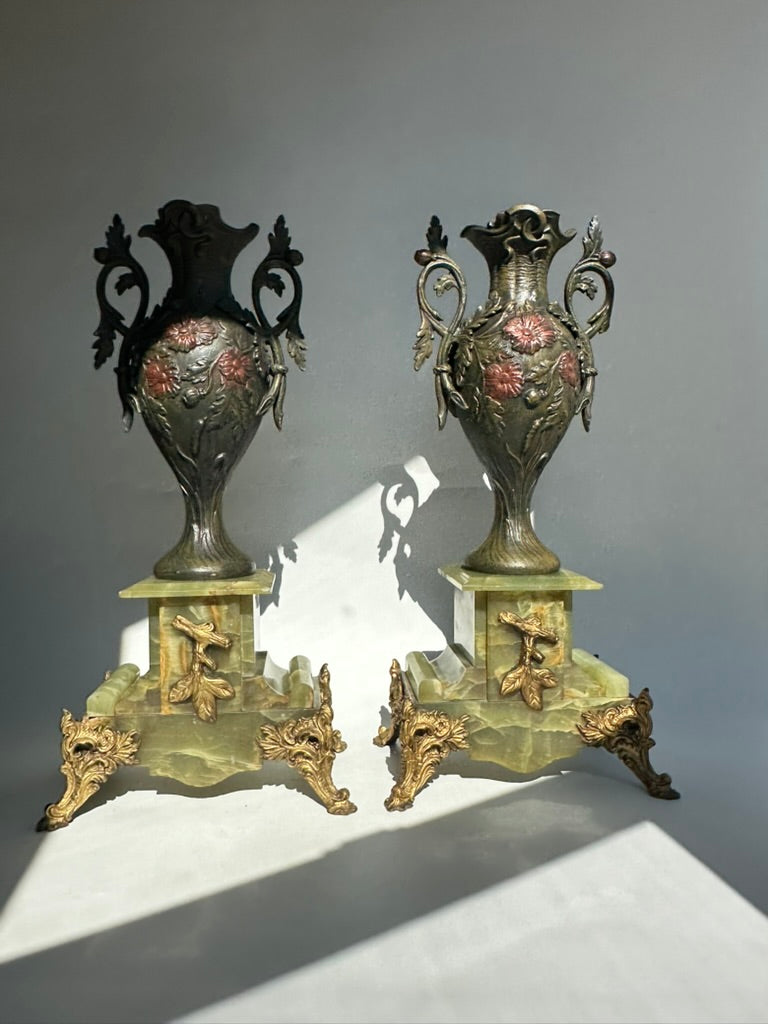 Pair of Antique French Neoclassical Spelter and Onyx Urns with Gilt Brass Accents