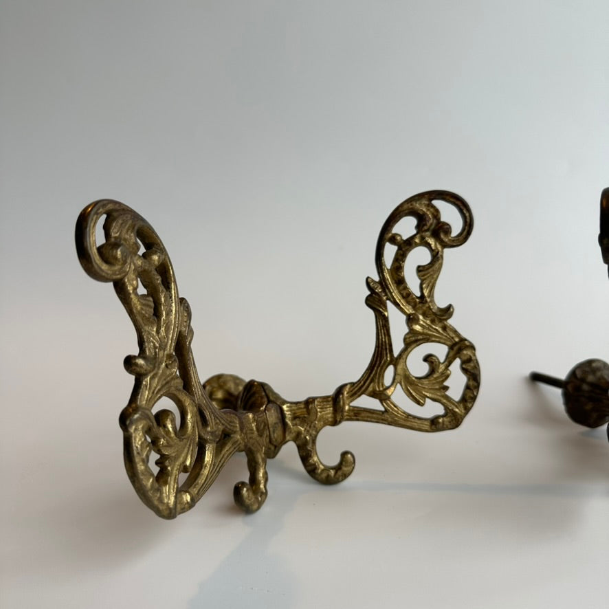 Large Antique Late-Victorian Cast-Brass Filigree Double Wall Hooks (Pair)