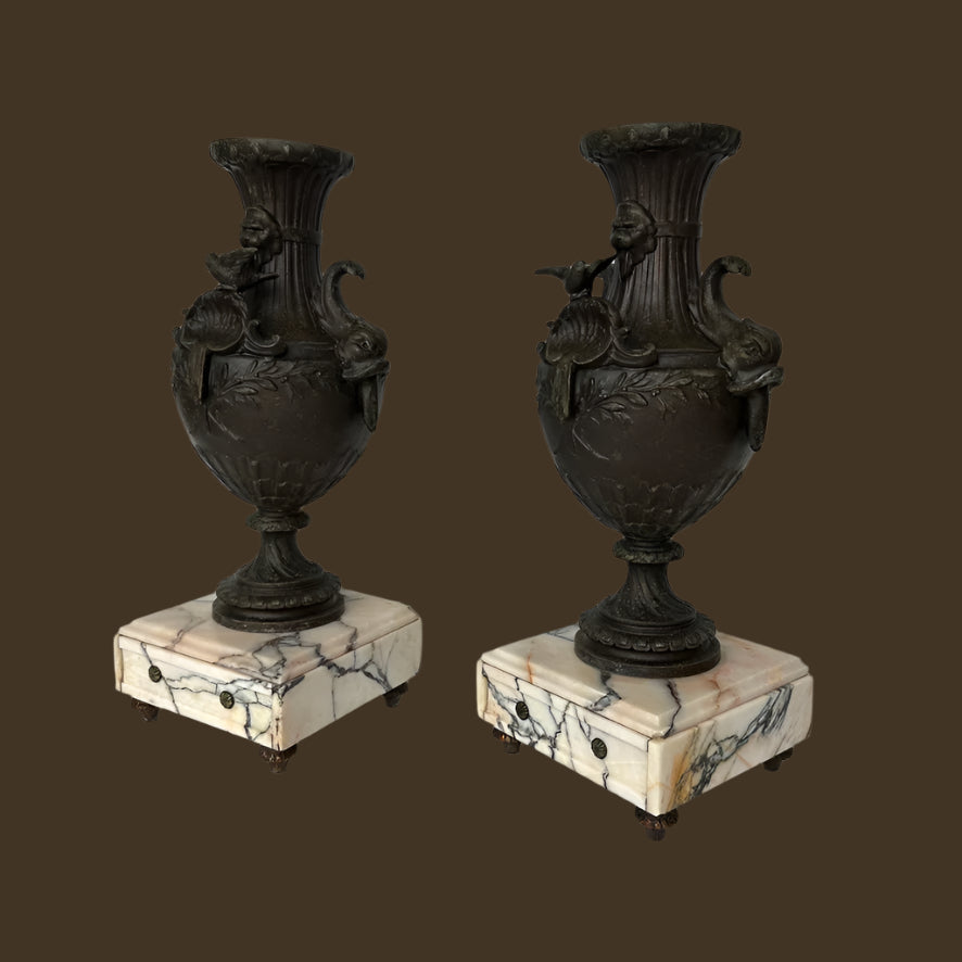 Pair of 19th Century French Napoleon III Style Spelter & Marble Urns