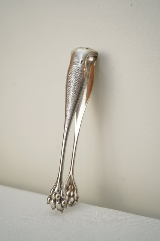 Antique French Silver Plate Sugar Tongs with Paw Feet, c. 1890–1930
