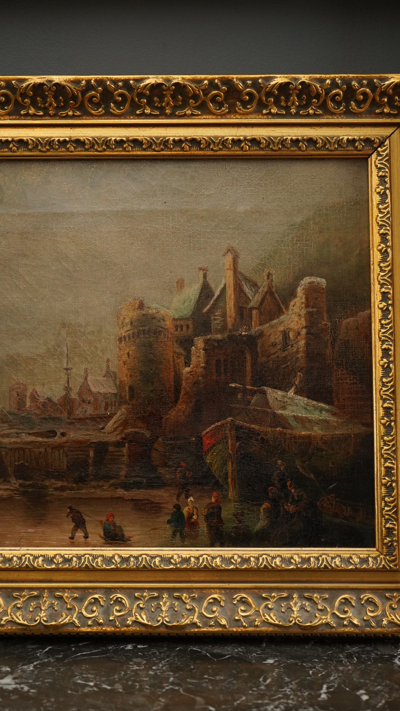 1894 Dutch Winterscape Oil Painting with Monogram in Antique Gilt Victorian Frame