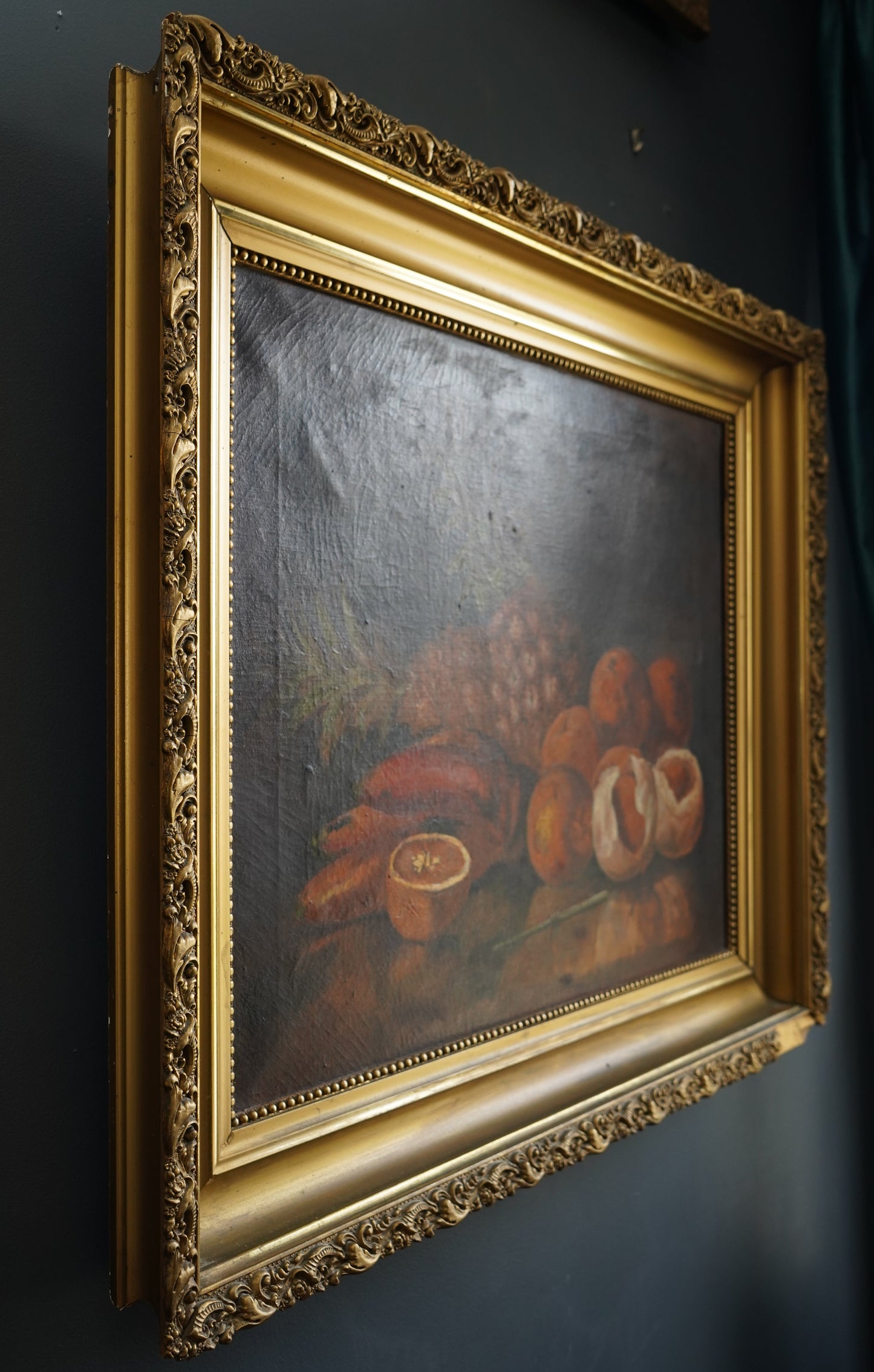 Antique European Still Life Oil Painting with Pineapple and Citrus in Gilded Frame