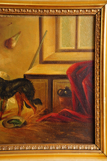 Antique European Hunting Dogs Interior Oil Painting, Circa 1890