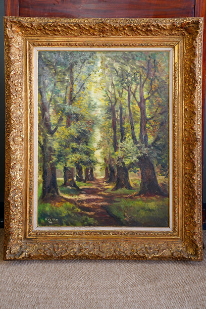 Vintage Signed Forest Path Oil Painting, Tree Lined Lane, 1949