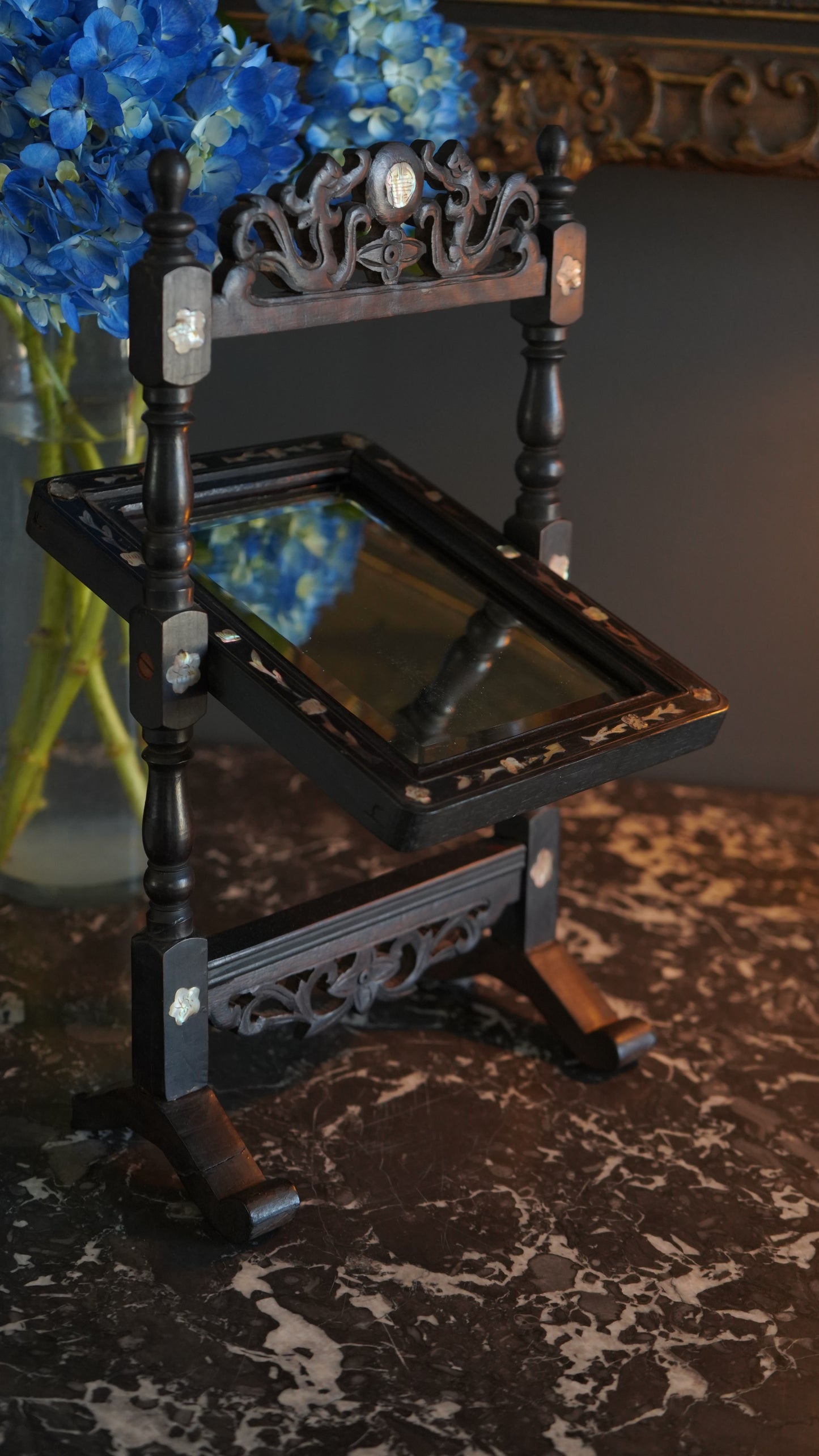 Antique Ebonized Wood & Mother-of-Pearl Vanity Tabletop Mirror