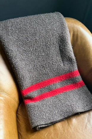 Mid-Century Wool Camp Blanket by Baron Woolen Mills in Grey with Red Stripes