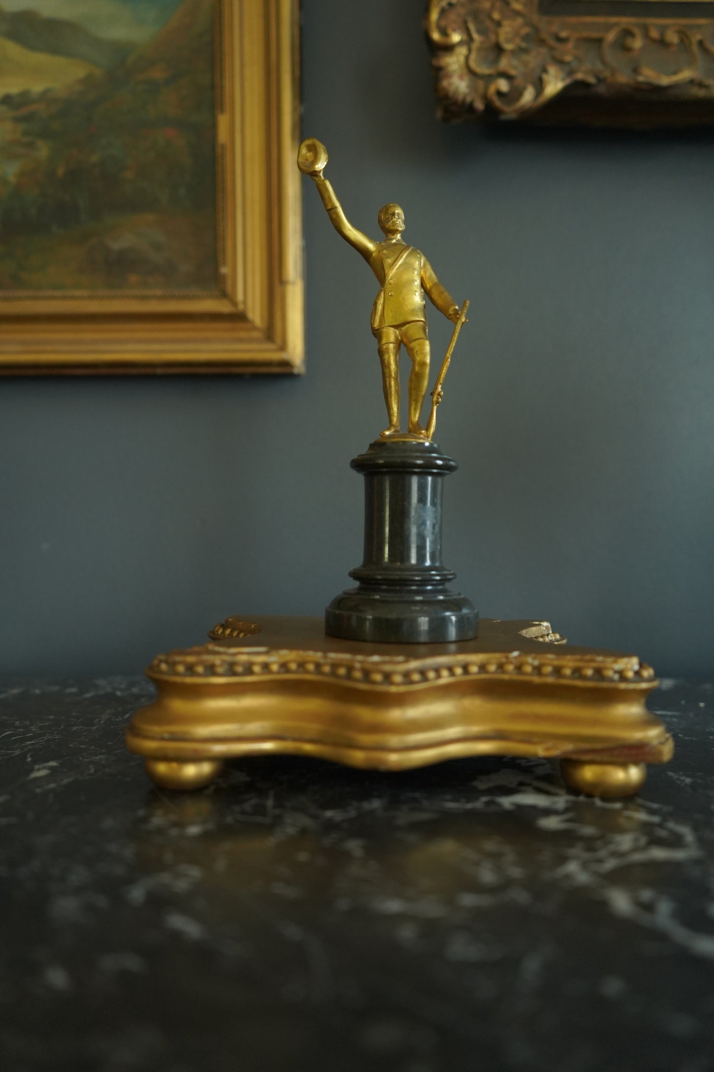 Late 19th to Early 20th Century Gilt Bronze Gentleman Officer Figurine on Black Marble Base
