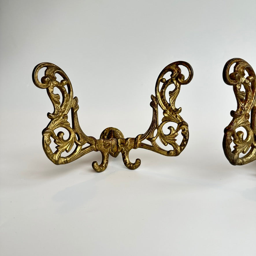 Large Antique Late-Victorian Cast-Brass Filigree Double Wall Hooks (Pair)
