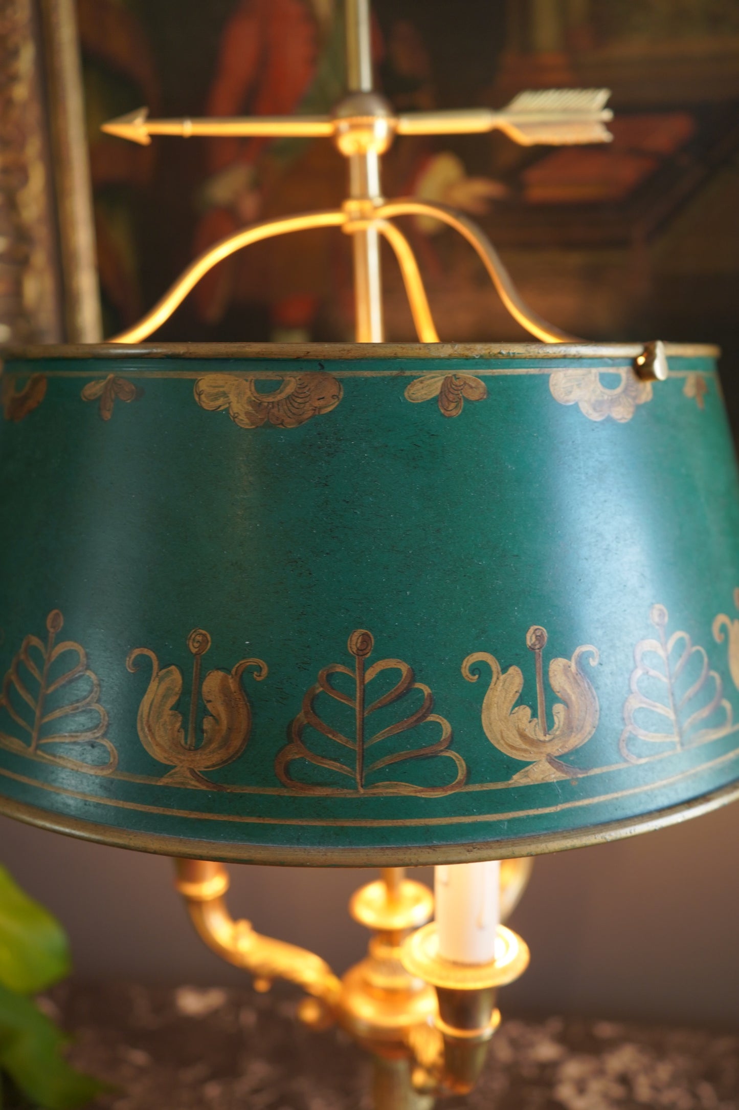 Antique French Bouillotte Lamp with Hand-Painted Tole Shade | Gilt Bronze / Brass Mix, Neoclassical, c.1920