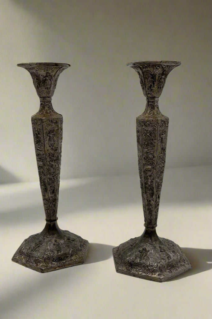 Pair of Weidlich Brothers Dutch Windmill Repoussee Silver Plated Candleholders, Pair of Vintage Silver-Plated Candlestick Holders