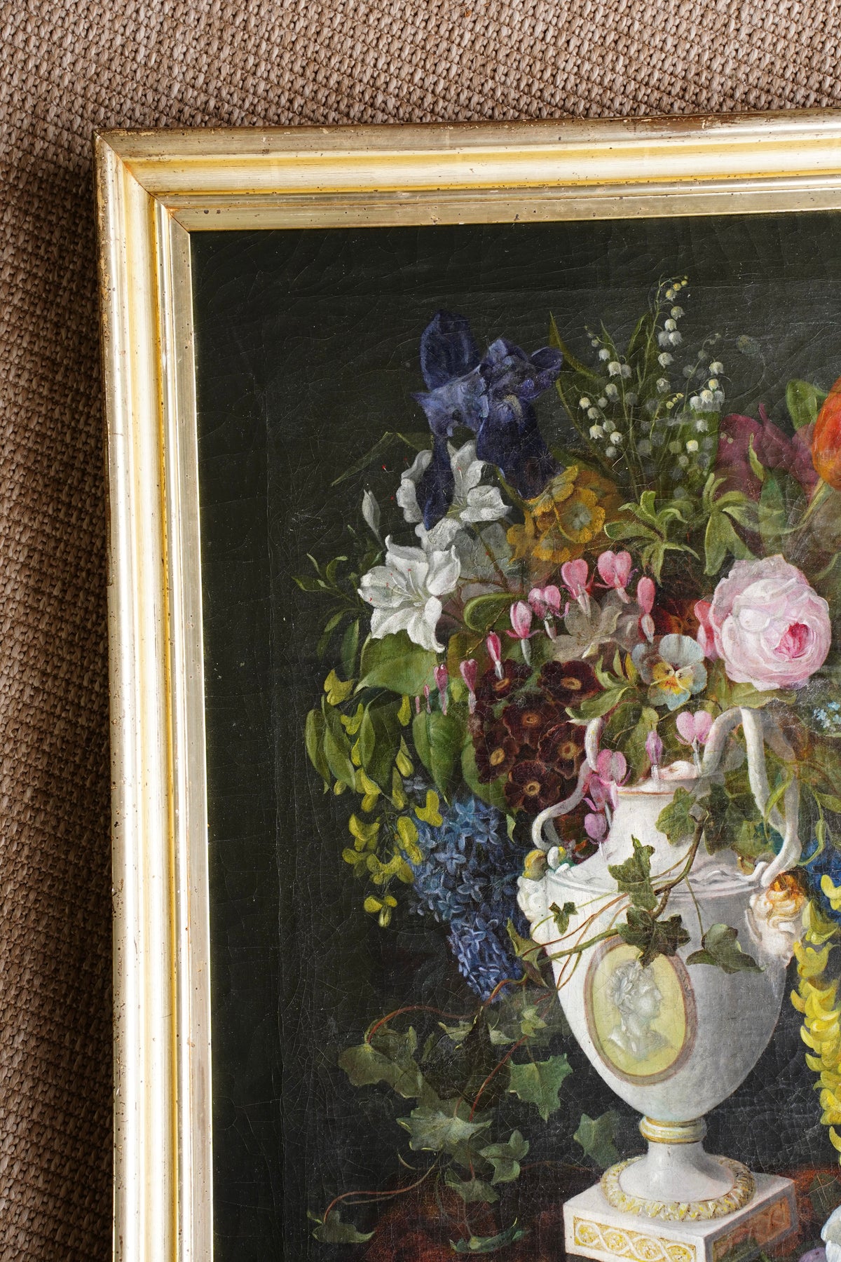 Antique Floral Still Life Oil Painting of Flowers in a Porcelain Urn