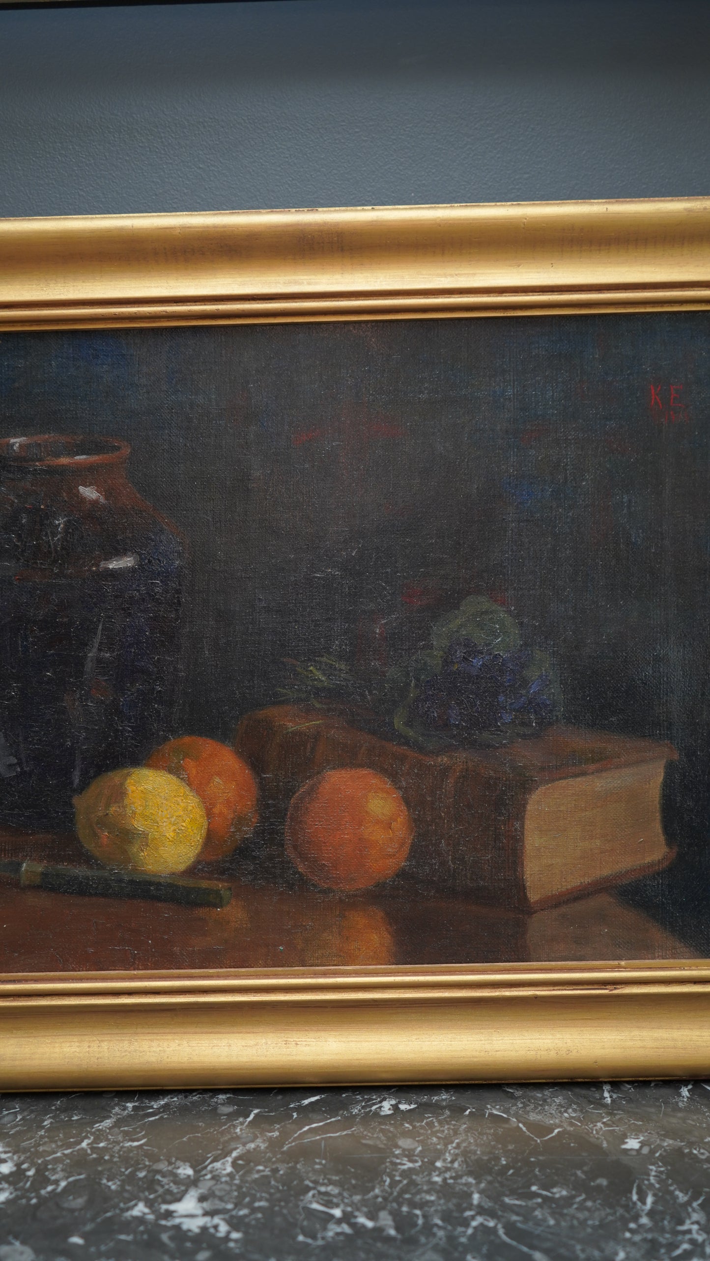 Antique 1905 Oil Painting Still Life with Fruit, Book & Earthenware Jar | Signed K.E.