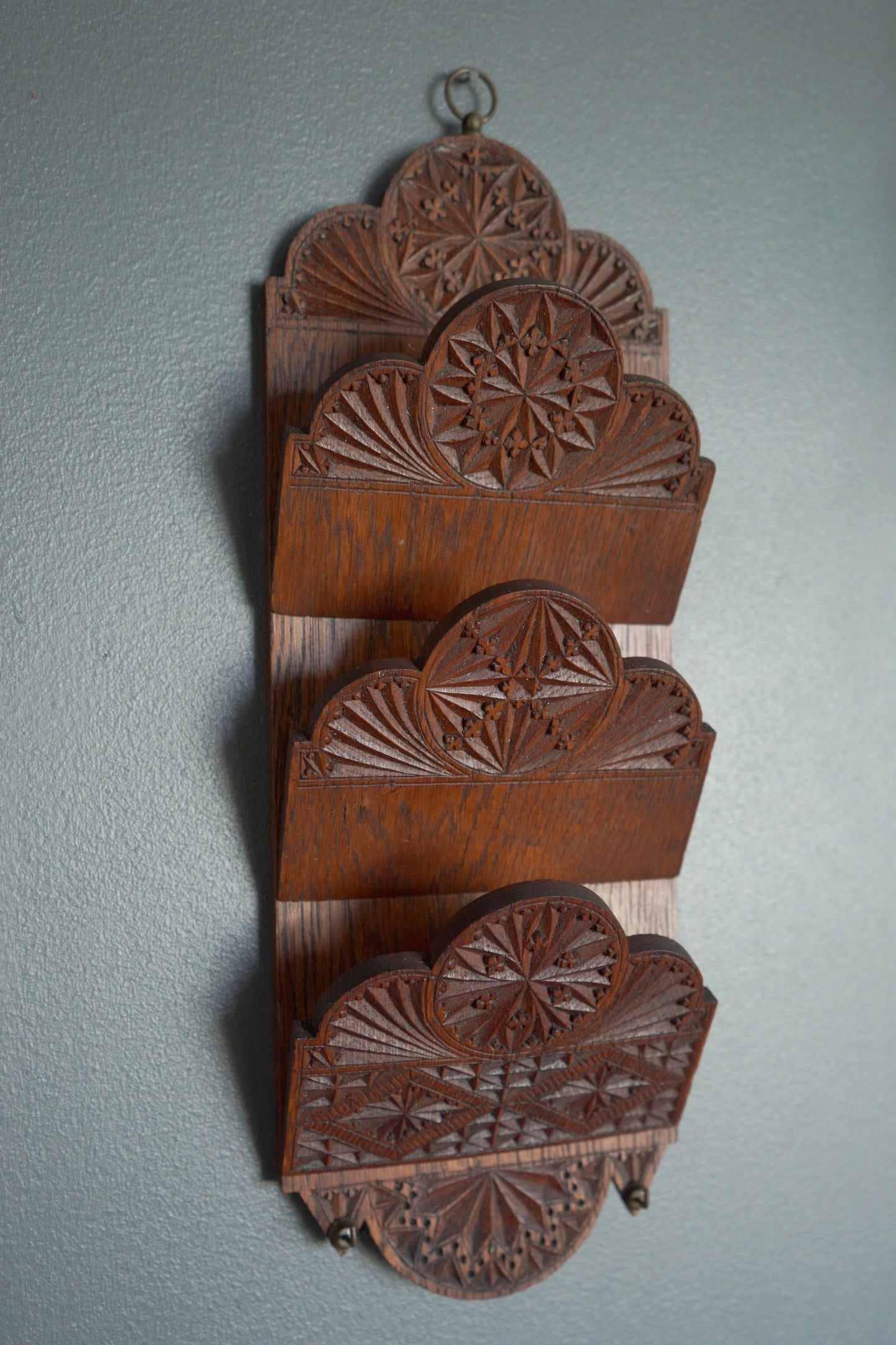 Antique Hand-Carved Oak Letter Rack with Key Hooks | Arts & Crafts Folk Carving c.1880–1910