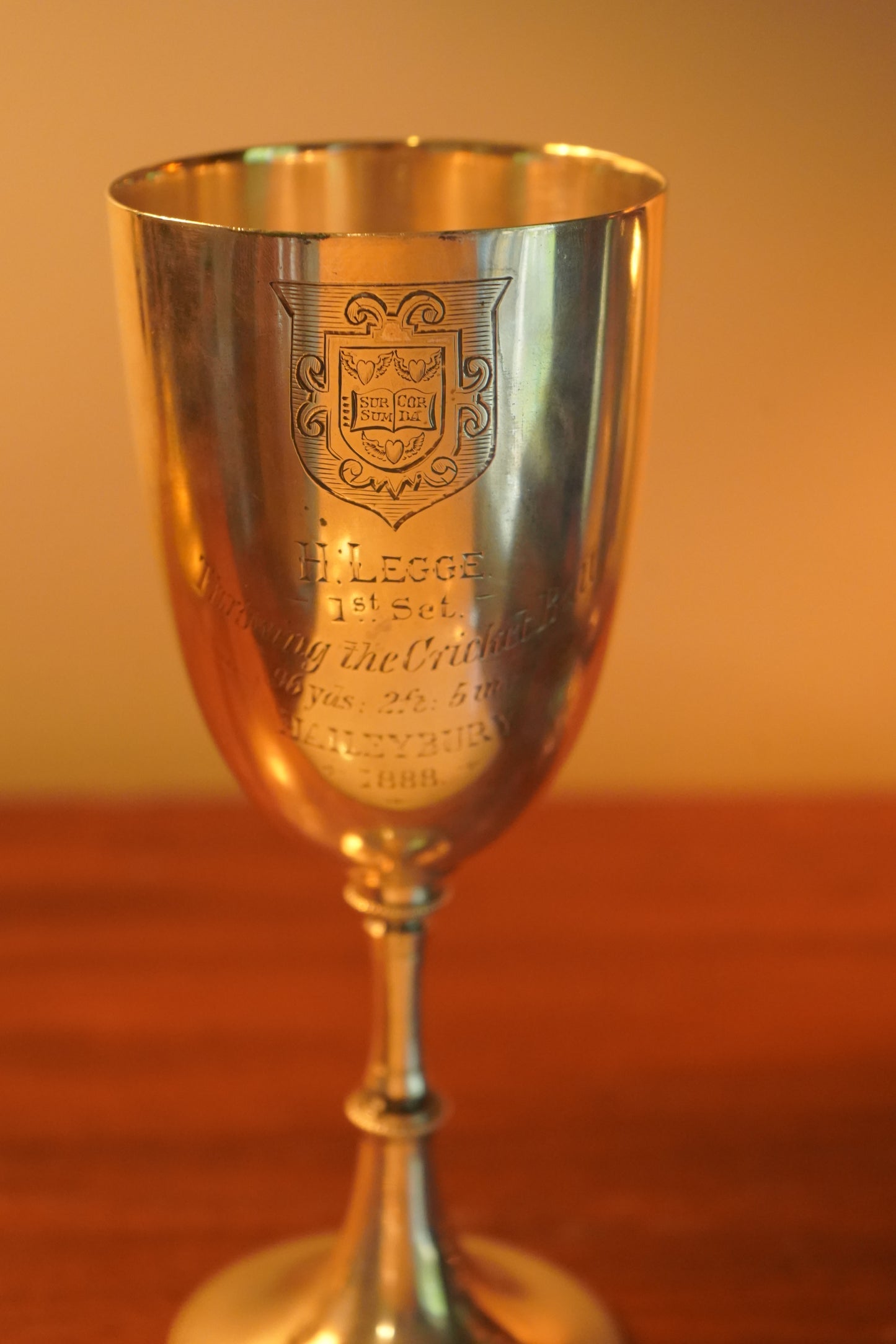 Antique English Silver Plated Trophy Goblet, "Haileybury College Throwing Cricket Ball Trophy Victorian 1888"