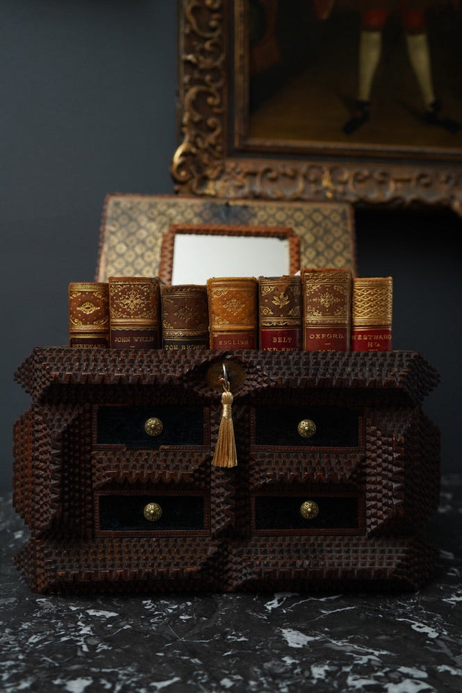 Antique Tramp Art Sewing Box with Drawers and Mirror, Hand-Carved Folk Art Keepsake Chest, Late 19th Century