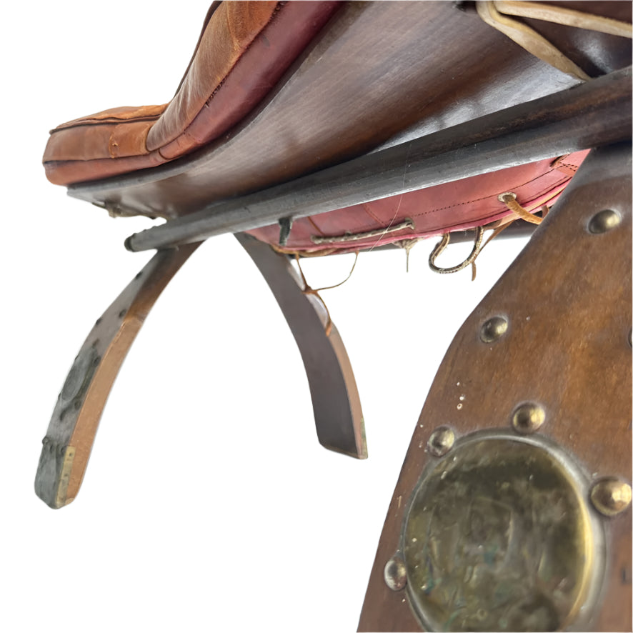 Vintage Middle Eastern Camel Saddle Stool with Embossed Leather Cushion & Brass Accents (c. 1950s)