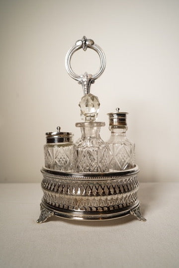 Antique Victorian Silver Plated Cruet Set with Four Cut Glass Bottles, English, c. 1880–1910