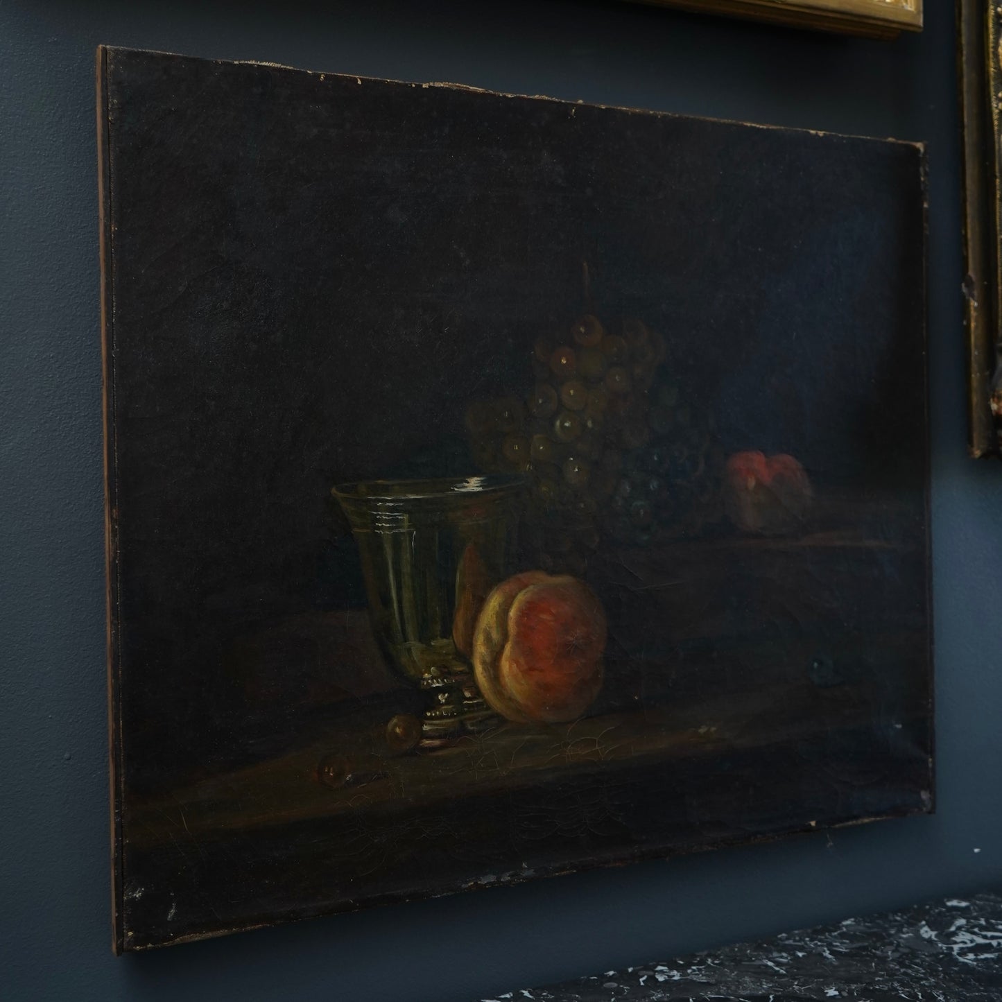 Early 20th Century Oil Painting After Chardin – Still Life with Silver Goblet, Peach & Grapes