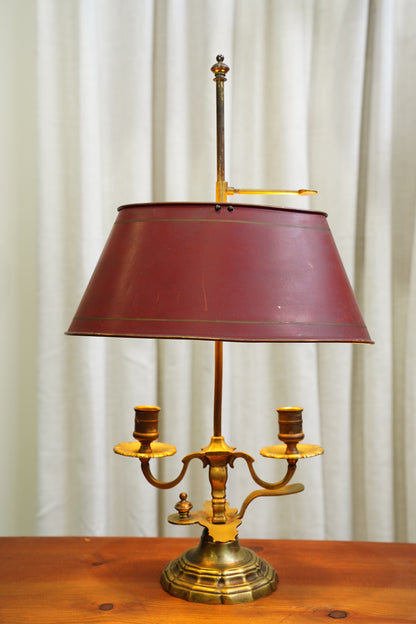 Vintage Louis XV Style Brass Bouillotte Lamp with Red Tole Shade