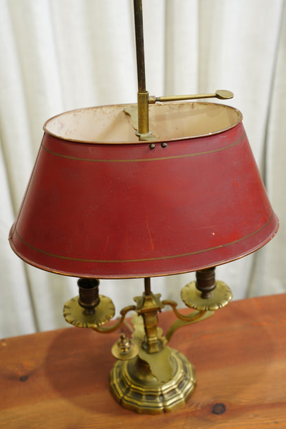 Vintage Louis XV Style Brass Bouillotte Lamp with Red Tole Shade