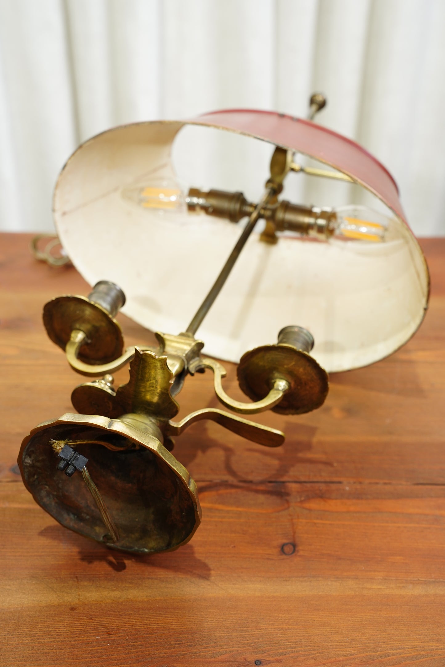 Vintage Louis XV Style Brass Bouillotte Lamp with Red Tole Shade